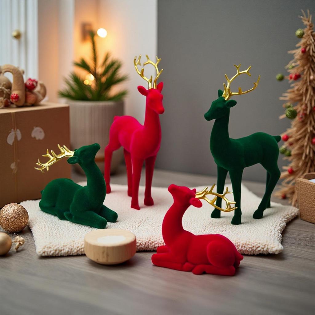 Reindeer Christmas Decor Flocking Deer Figures 2 Pieces Red and Green Aesthetic Standing Sitting Elk Statue for Workplace