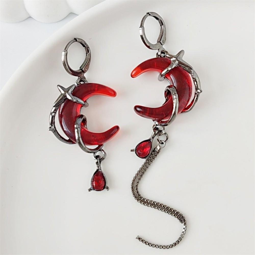Red Crystal Asymmetry Earrings Tassel Chain Women Dangle Earrings Rhinestone Moon Earrings  Gift