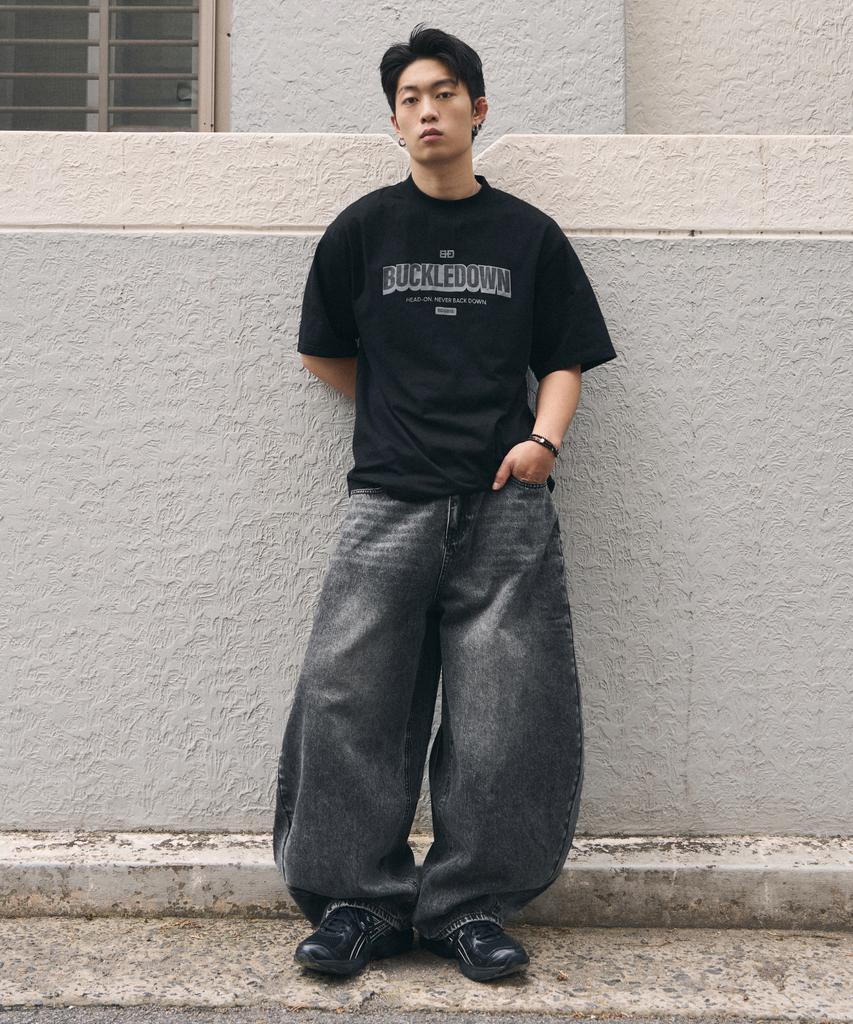 Beokeuldaun Side Tuck Curved Wide Denim Pants (Washed Grey)