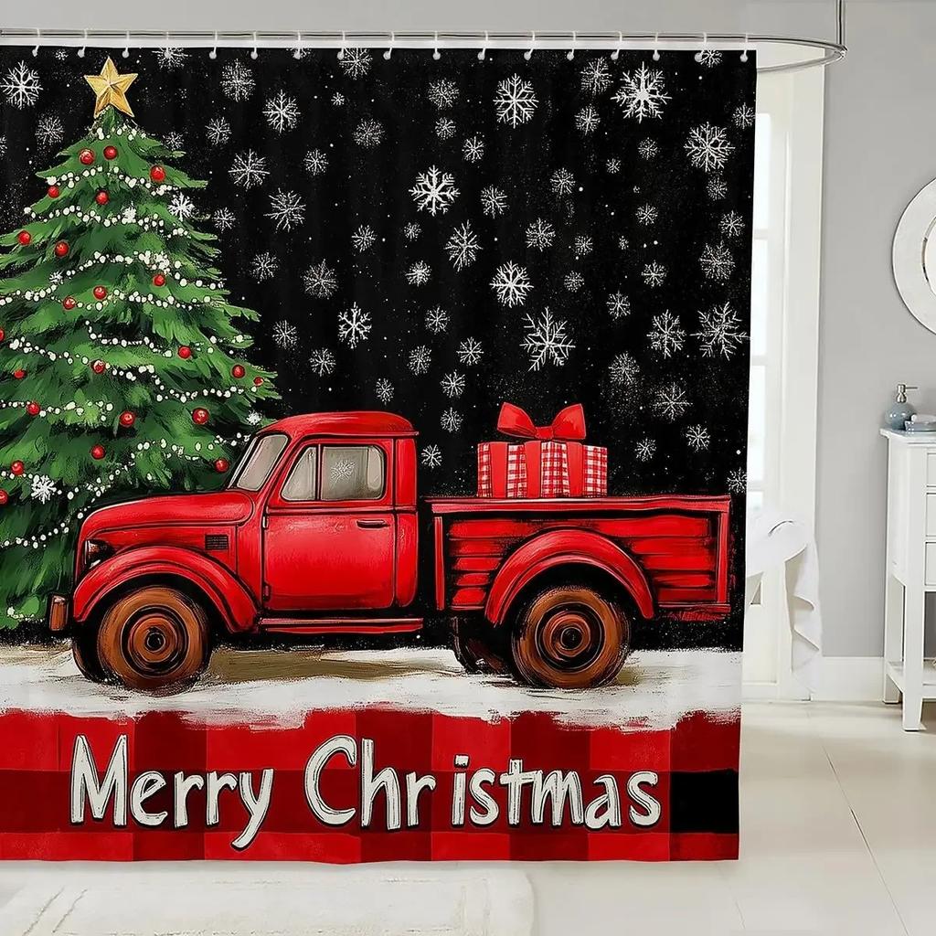 GAEChristmas Happy Santa Claus Shower Curtain Red Xmas Decorations Fabric Shower Curtain,White Snowflake Bathroom Shower Curta