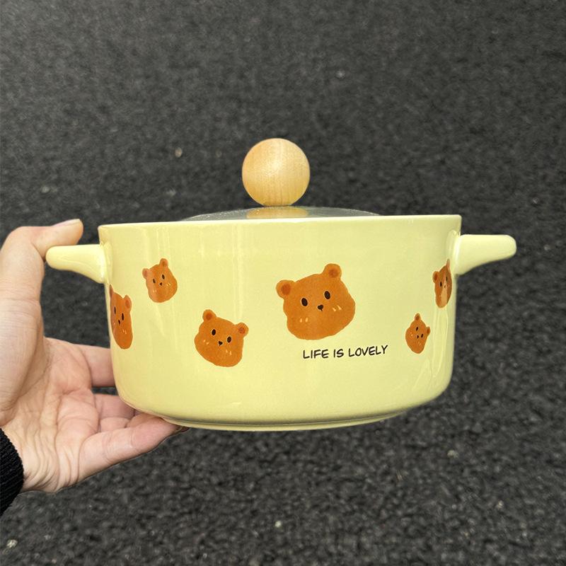 Ins Cream Wind Bear Ceramic Instant Noodle Bowl Student Dormitory Instant Noodle Bowl for Girls Birthday Gift