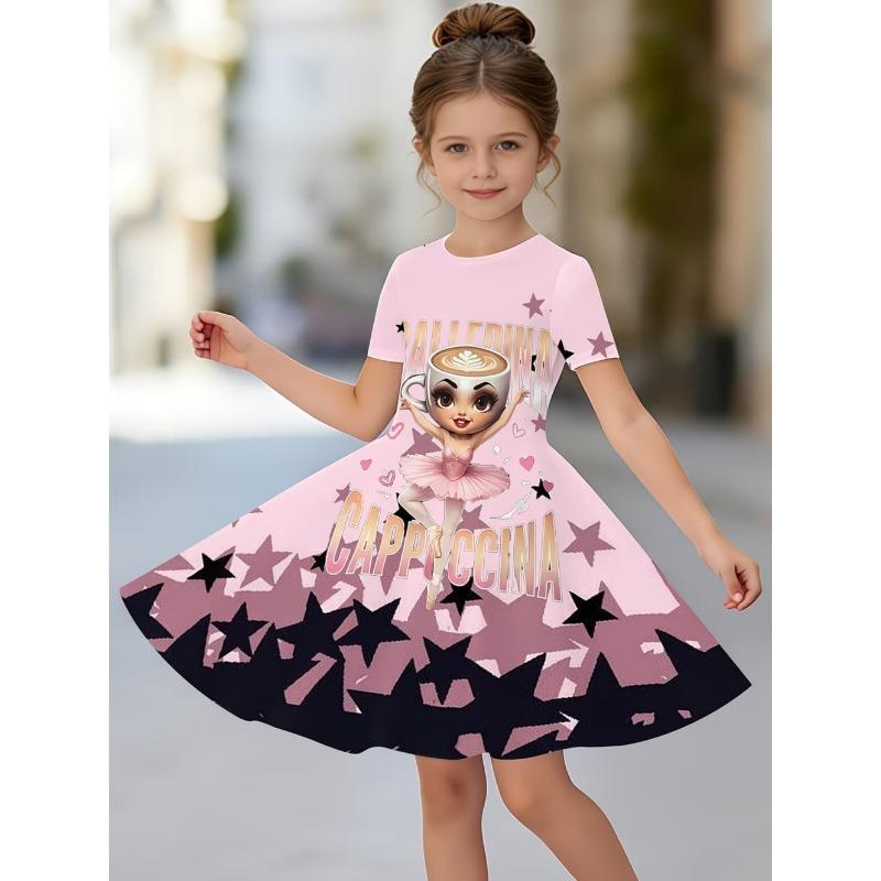 

Italian Brainrot Girl Clothes Short Sleeve Dress for Girls Cappuccina Ballerina Print 110