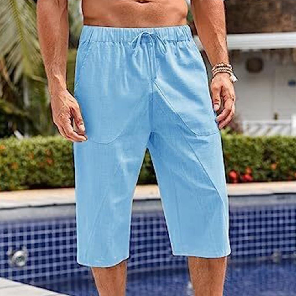 Pánské volné bavlněné a lněné kalhoty Plážové ležérní sportovní kalhoty Jednobarevné Sedmibodové šortky z bavlny a lnu