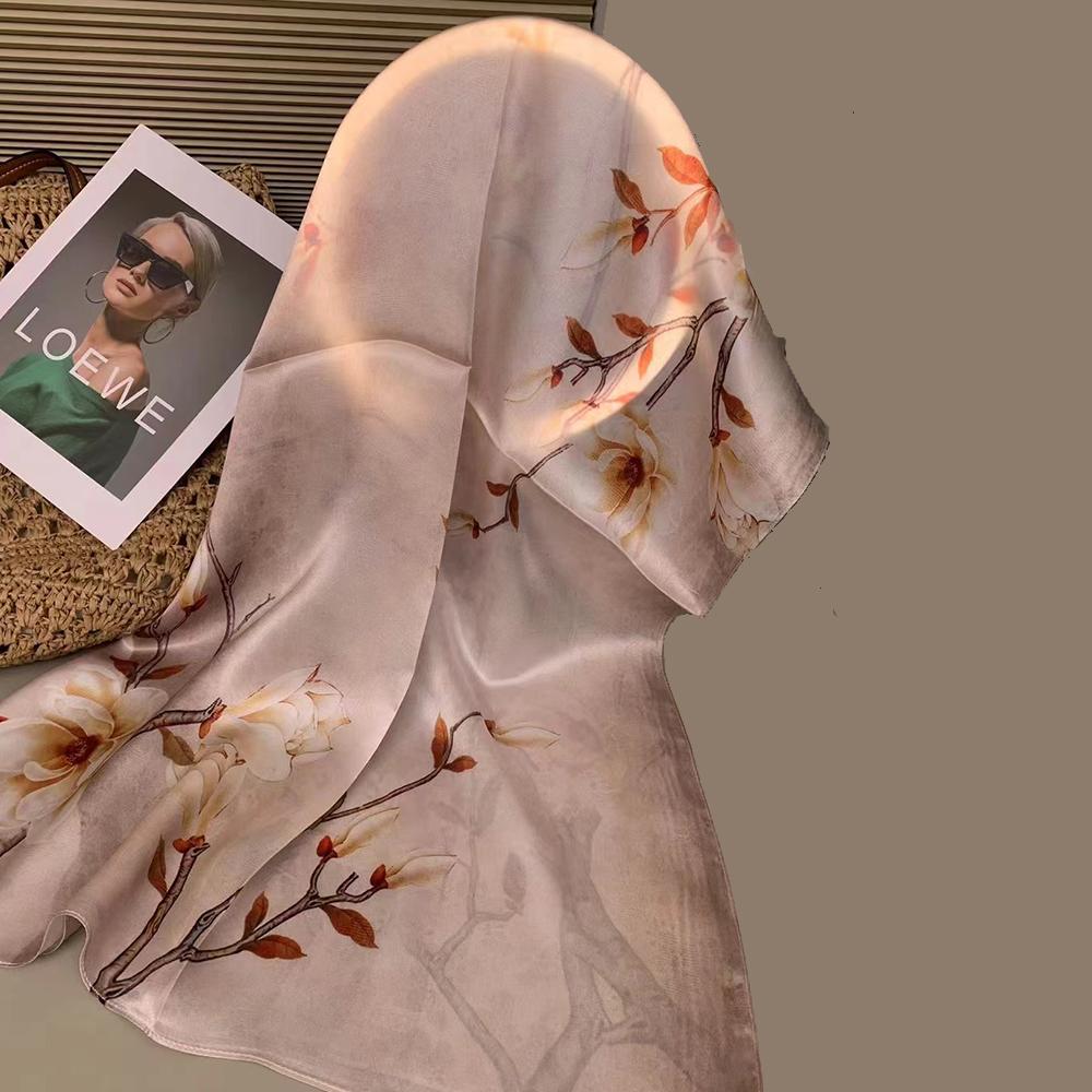 New Blue Women'S 100% Mulberry Silk Scarf Shawl 175*52Cm Fashion Floral Design Long Scarves Wraps Fall Winter Headscarves