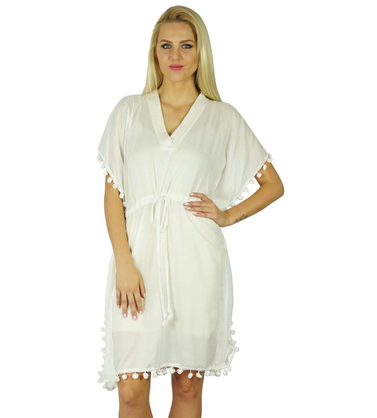 

Bimba Жіночий бавовняний кафтан з китицями з помпоном. Короткий пляжний кафтан 8 білий