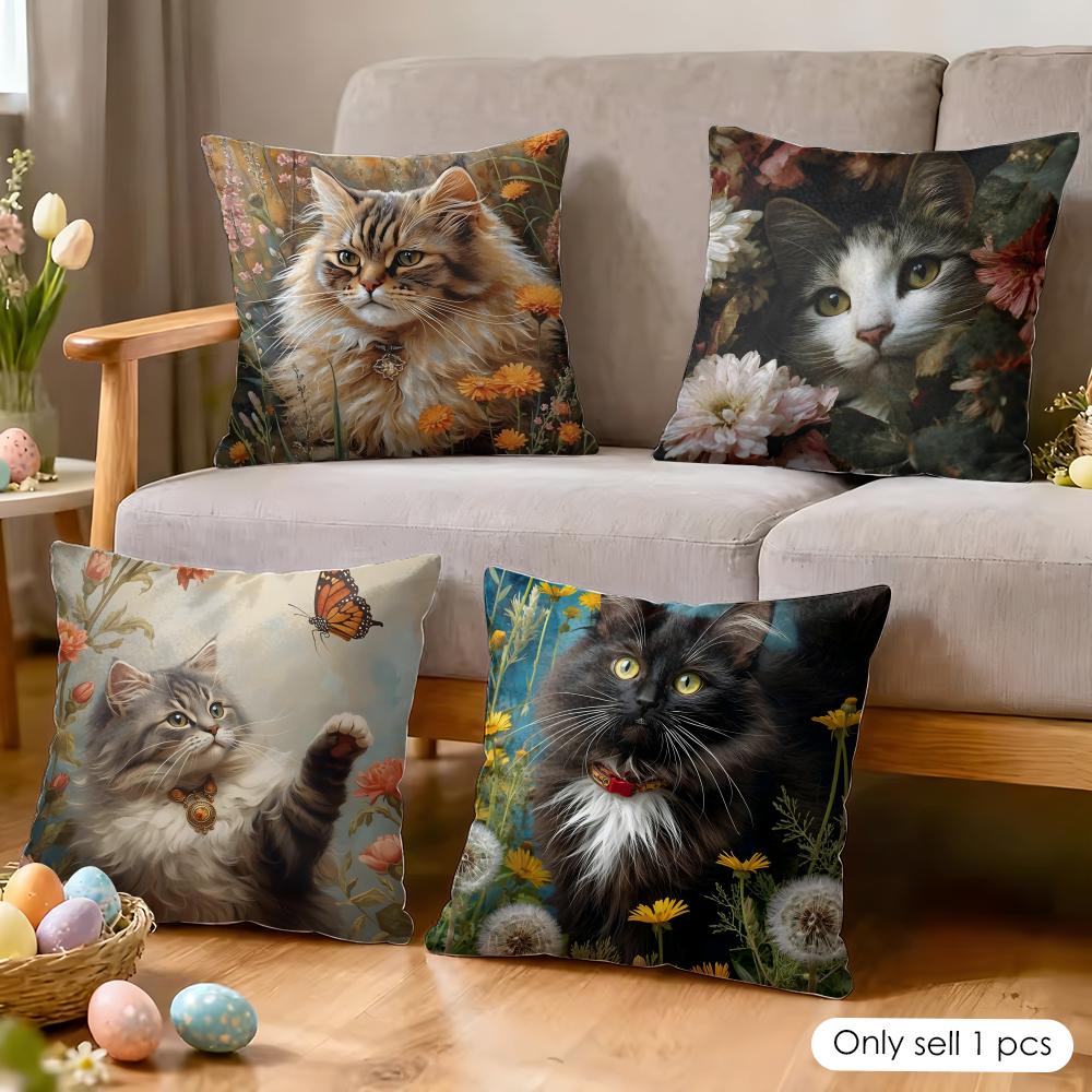 Katze und Blume Kissenbezug Weicher Plüschstoff Beidseitig Bedruckte Kissenbezüge für Alle Jahreszeiten Heimdekoration