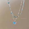 Cute Sweet Summer Style Blue Crystal Butterfly Double Layer Pendant Necklace for Women Charm Collarbone Chain Jewelry Accessory