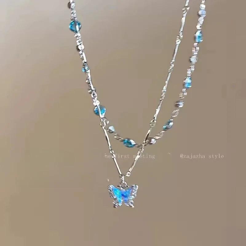 Cute Sweet Summer Style Blue Crystal Butterfly Double Layer Pendant Necklace for Women Charm Collarbone Chain Jewelry Accessory