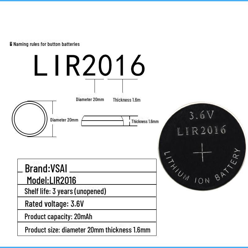 Baterie buton reîncărcabilă LIR2016 3,6 V - Înlocuiește CR2016 pentru cheile mașinii, reîncărcabilă de până la 500 de ori