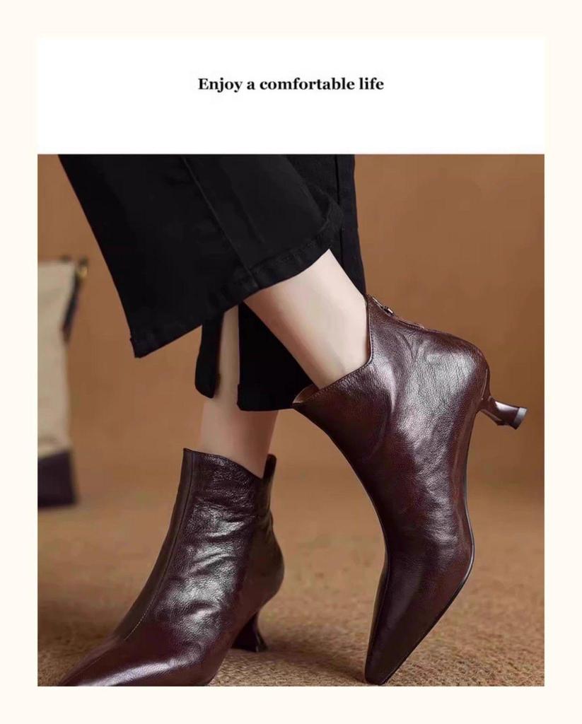 Women's V-Cut Stiletto Heel Ankle Boots, Pointed Toe, Fleece-Lined, Back Zipper - 2025 Autumn/Winter Collection.