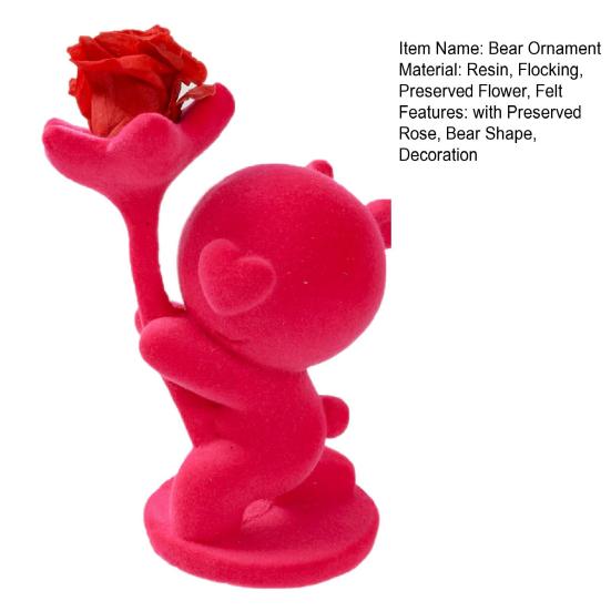 Valentine’s Day Bear Ornament with Preserved Rose Holding Eternal Flower Flocking Bear Decoration Wedding Anniversary