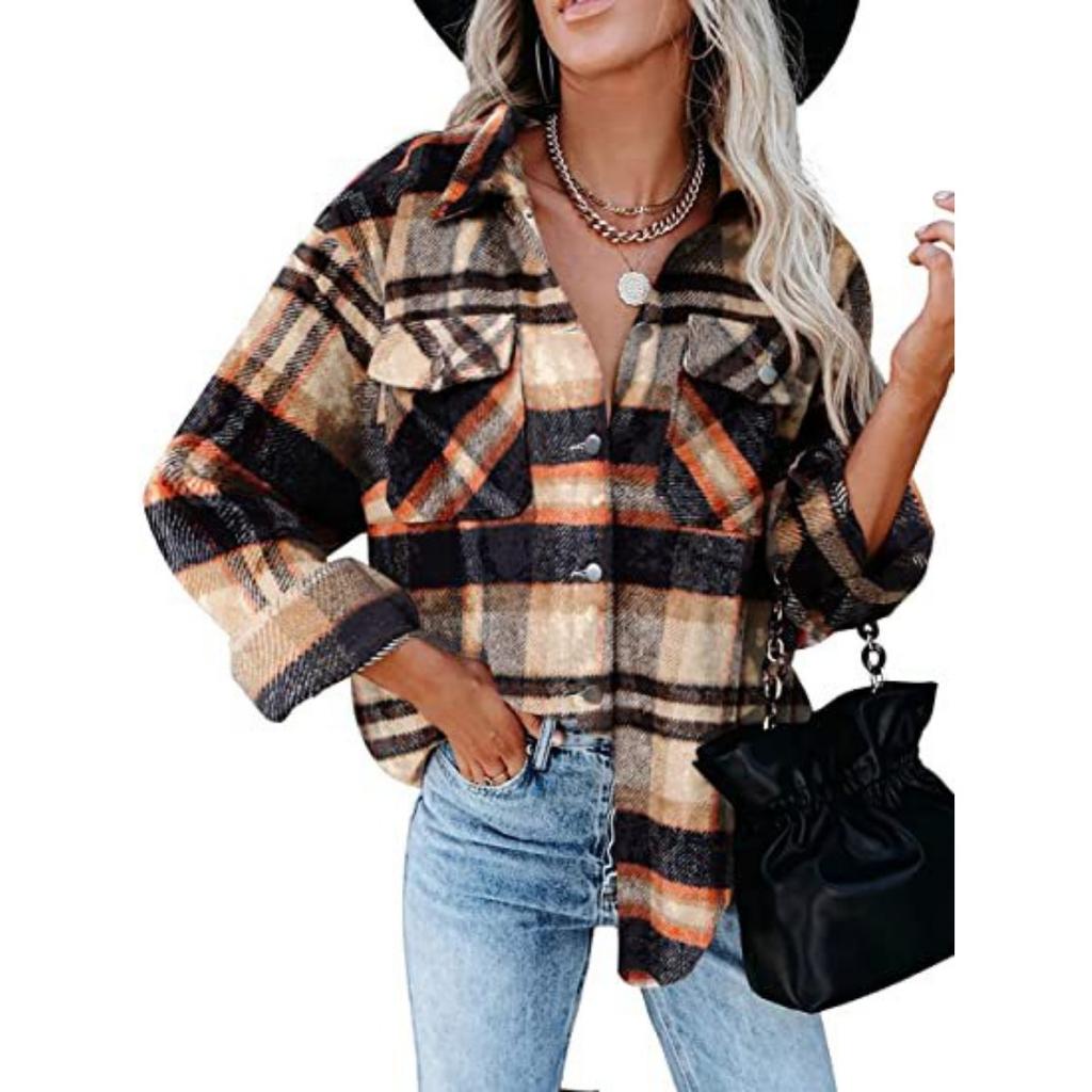 Women's Fall Winter Plaid Wool Blend Shirt Jacket, Long Sleeve Loose Button Down Coat With Pocket, European American Style Casual Outerwear