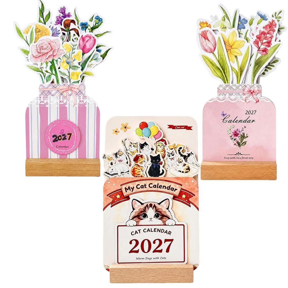 Floral Artwork 2027 Desk Calendar Wooden Base Monthly Desk Calendar Home Office Decorative
