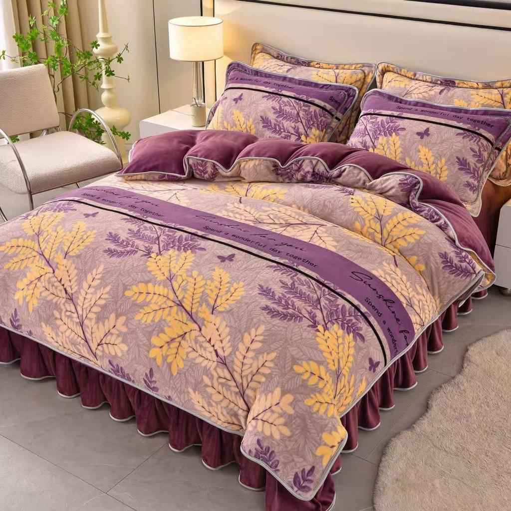 Cozy Flannel 230g Milk Velvet Printed Bed Set with Skirt - New Autumn/Winter Collection, Hot Seller