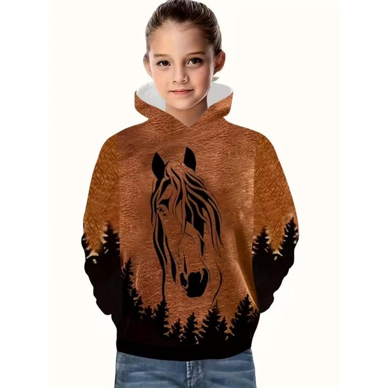 Vêtements Cool pour Filles Équestres Animaux Impression 3D Automne Sweats à Capuche Manches Longues Amples Légers Sweat Confortable Vêtements pour Enfants