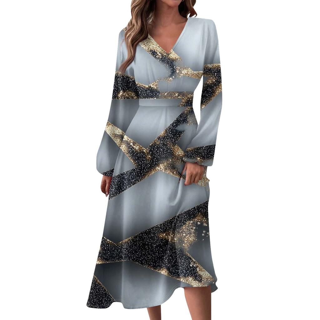Women's Autumn- And Winter Casual Fashion V-neck Long Sleeve Stripe Print Long Dress Suitable For Daily Life And Party Wear