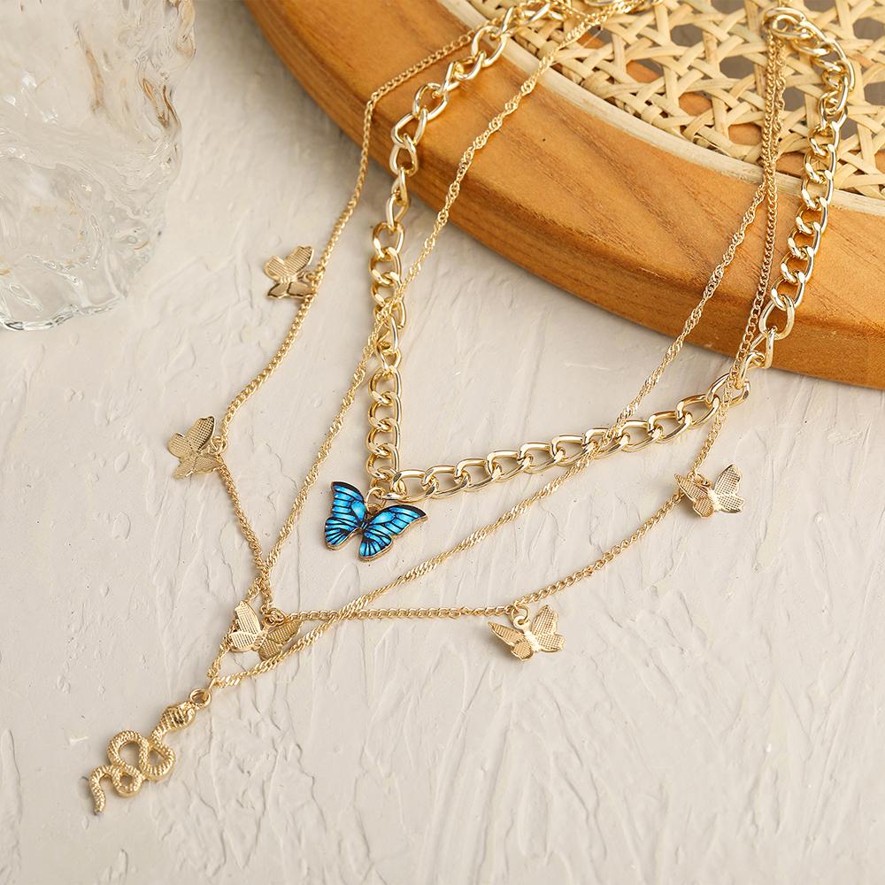 Creative Simple Temperament Women's Necklace Lovely Atmosphere Blue Butterfly Snake Necklace 3-piece Set
