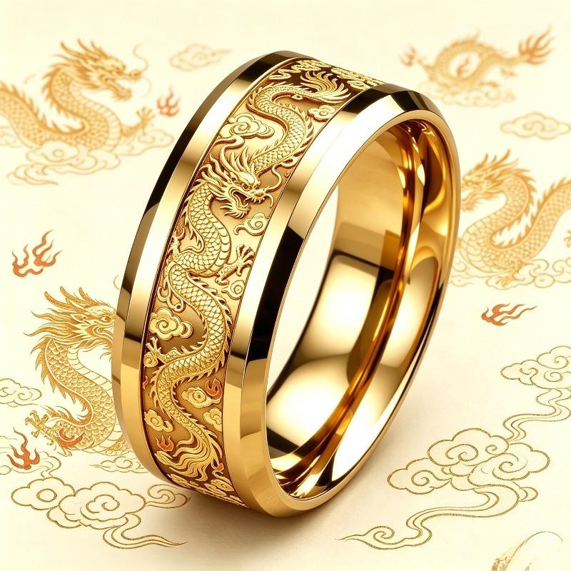 Ein chinesisch inspirierter goldener Drachen mit fünf Krallen Ring aus 304L Edelstahl Unisex-Ring Geeignet für Teenager zum täglichen Tragen, als Geschenk für Bankette,