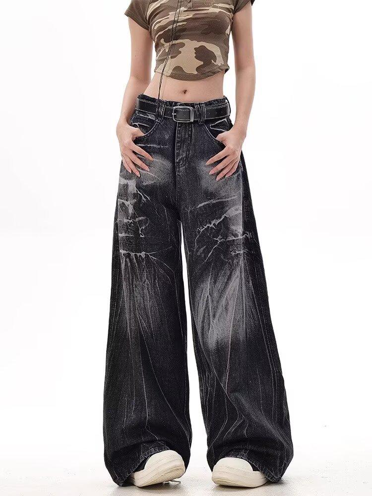 

Unisex American Retro Lightning Wide-Leg Jeans - Relaxed, Trendy Floor-Length Trousers Medium чёрный