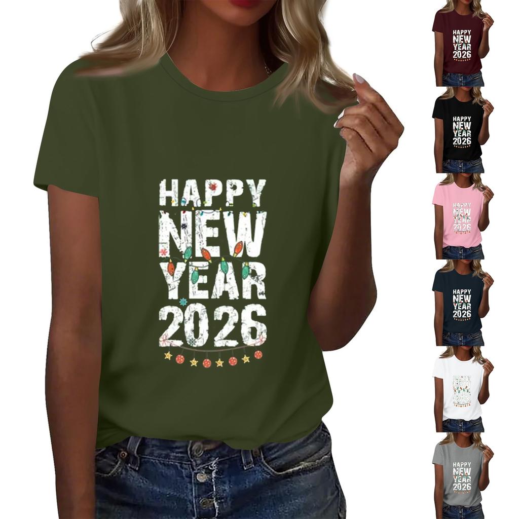 Women's Fashion 2026 New Year Printed Round Neck Short Sleeve Top