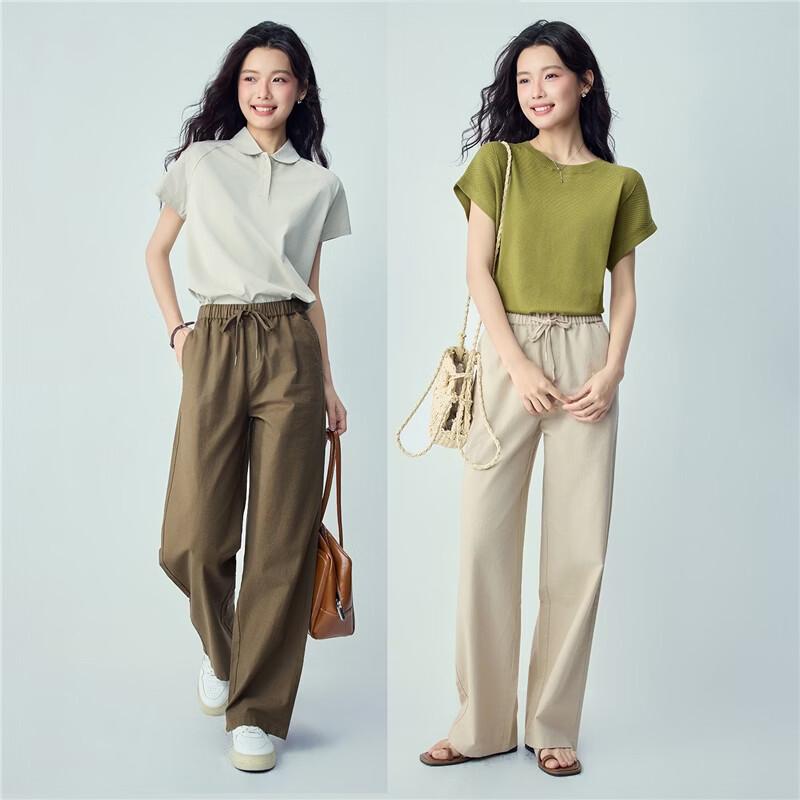 Giordano Women's Cotton Linen Drawstring Straight Leg Pants