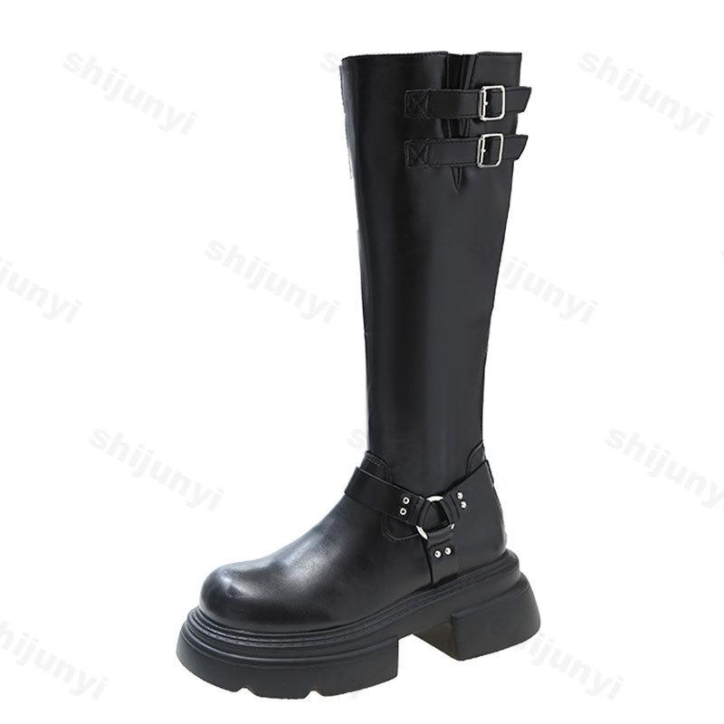 Metal Buckle Square Toe Knee High Boots Women Black PU Leather Punk Long Boots Woman Autumn 2025 Chunky Heels Motorcycle Booties