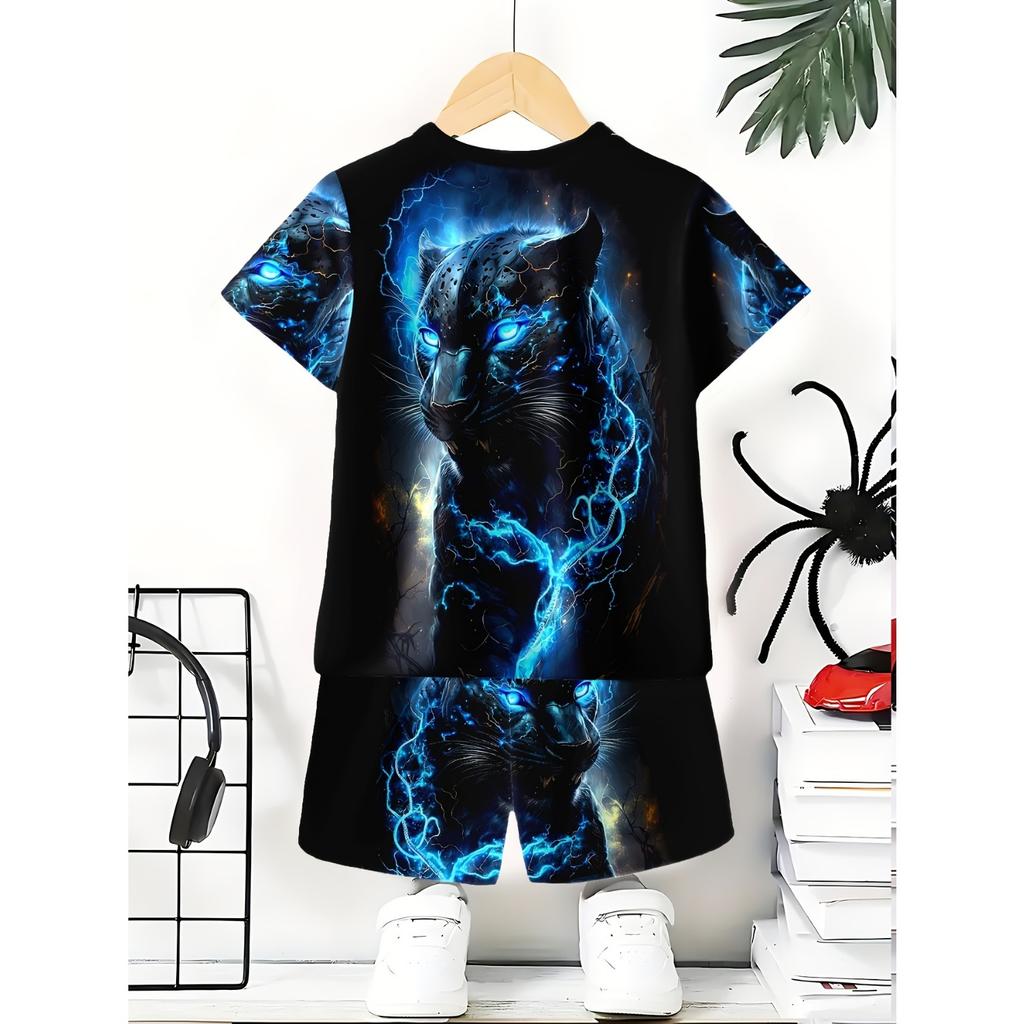 Boys' set of fashionable 3D printed casual pullover, short sleeved shorts, T sports shirt, boys' outdoor T-shirt shorts