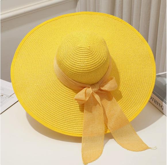 Cappello da Sole Estivo a Tesa Larga per la Spiaggia all'Aperto Moda Bordo Larga Pieghevole Cappello da Sole da Donna Colore Unito Decorazione Fiocco Cappello a Cilindro