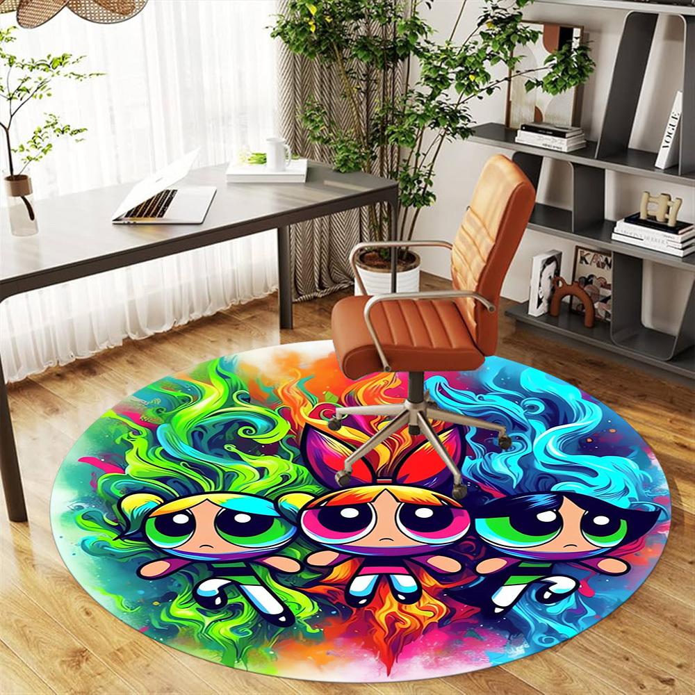 1pc Powerpuff Girls, Cartoon Round Chair mat Area Rug - Non-Slip, Floor Mat for Office, Bedroom, home decor Christmas Gift p0811035