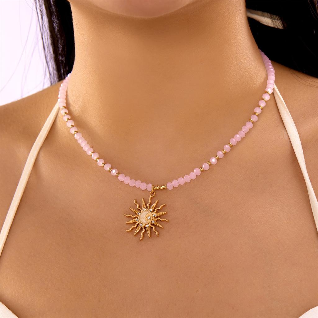 Beaded Necklace for Women Gold Sun Moon Pendant Necklace Summer Sunflower Pendant Colorful Rice Beads Choker Necklace Christmas