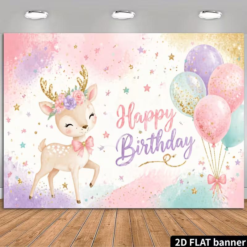 

2D Pastel Deer Birthday Party Backdrop, Magical Watercolor Style Background Decoration 47.2x31.5inch/120*80cm