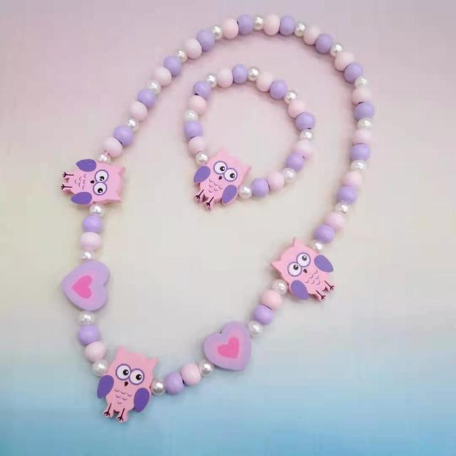 2pcs/Set Fashion Natural Wood Beads Jewelry Cute Animal Pattern Necklace Bracelet For Children Party Jewelry Girl Birthday Gift