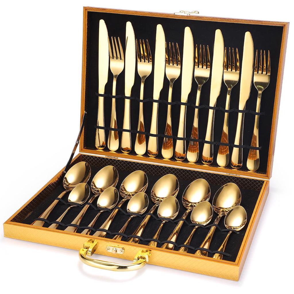 24-Piece Gold Stainless Steel Cutlery Set with Knife, Fork, Spoon & Household Storage Rack In Gift Box