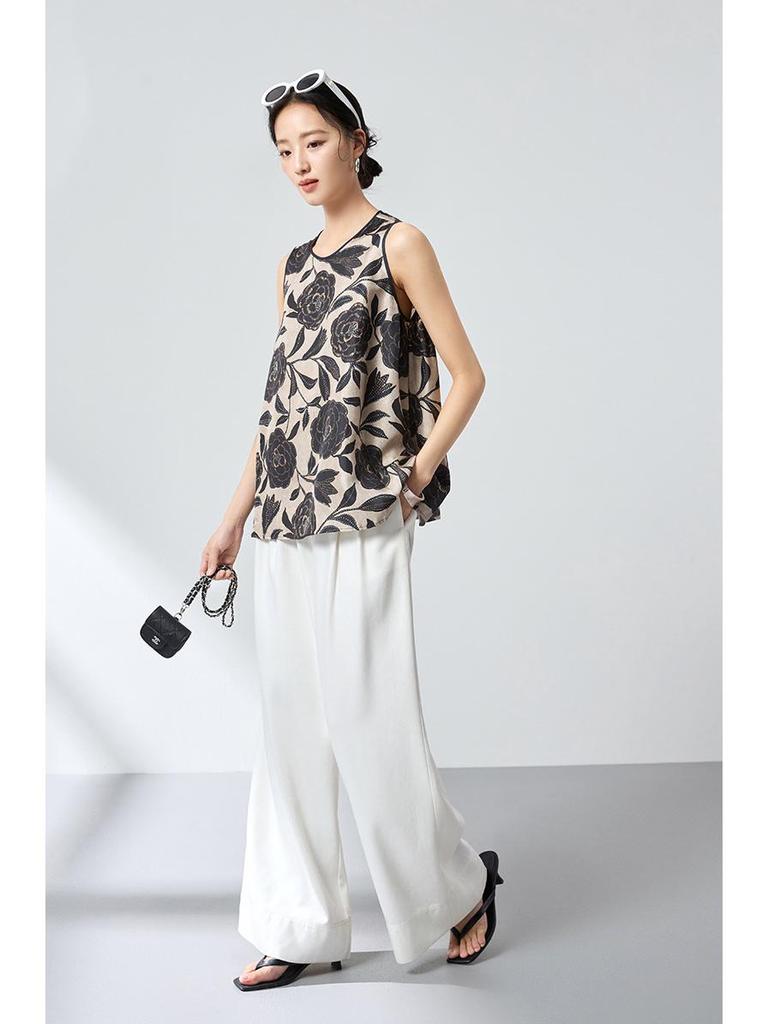 Summer 100% Mulberry Silk Printed Sleeveless Top - Chinese Style Loose Fit Versatile Blouse (Model 1561)