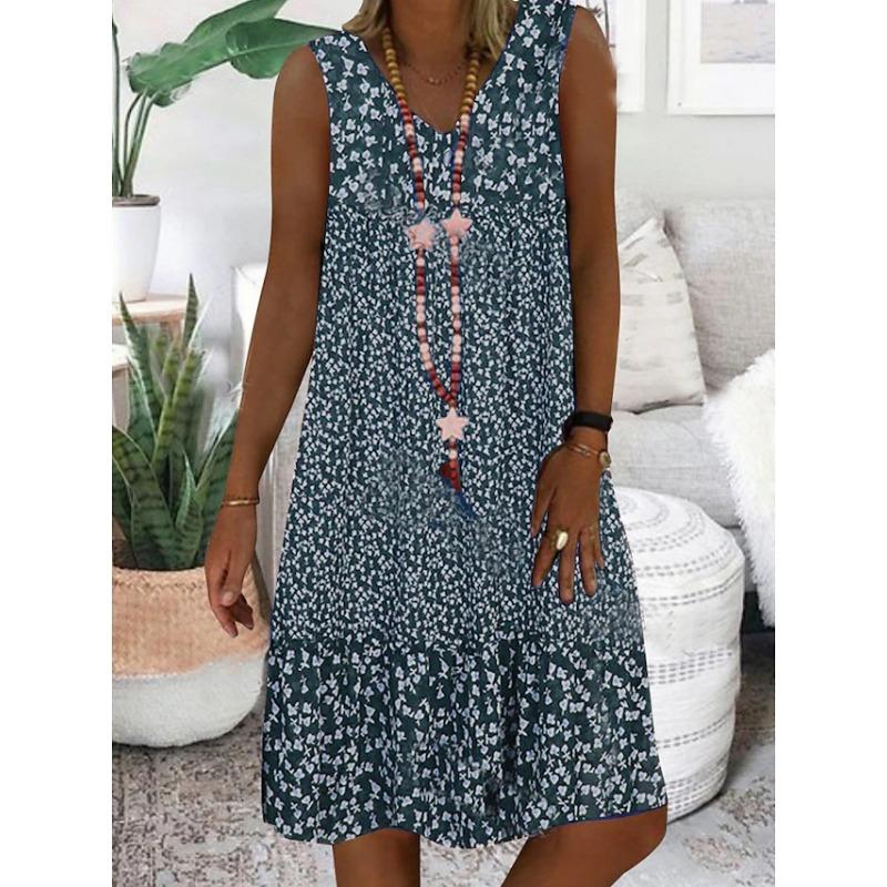 Summer Women's V-Neck Small Floral Printed Sleeveless Dresses