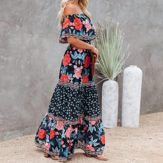 Women Dress Floral Print Off Shoulder Temperament Strapless Slim-fitting Sundress for Party