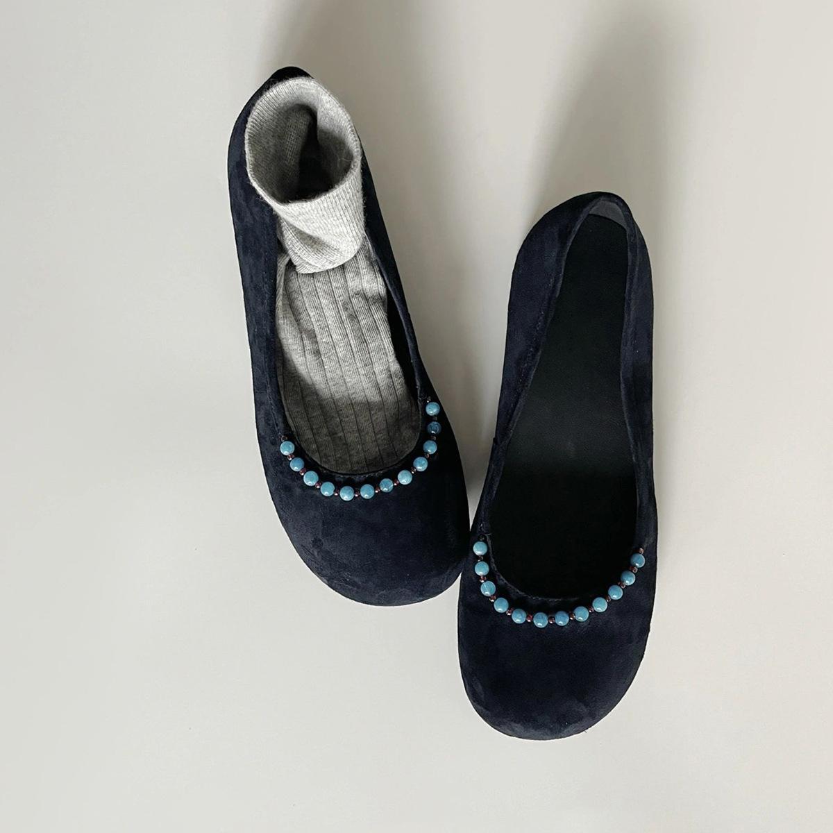 

Sheepskin version~ early spring new one-pedal flat shoes women s new Chinese-style beaded shallow mouth round head versatile suede shoes 40