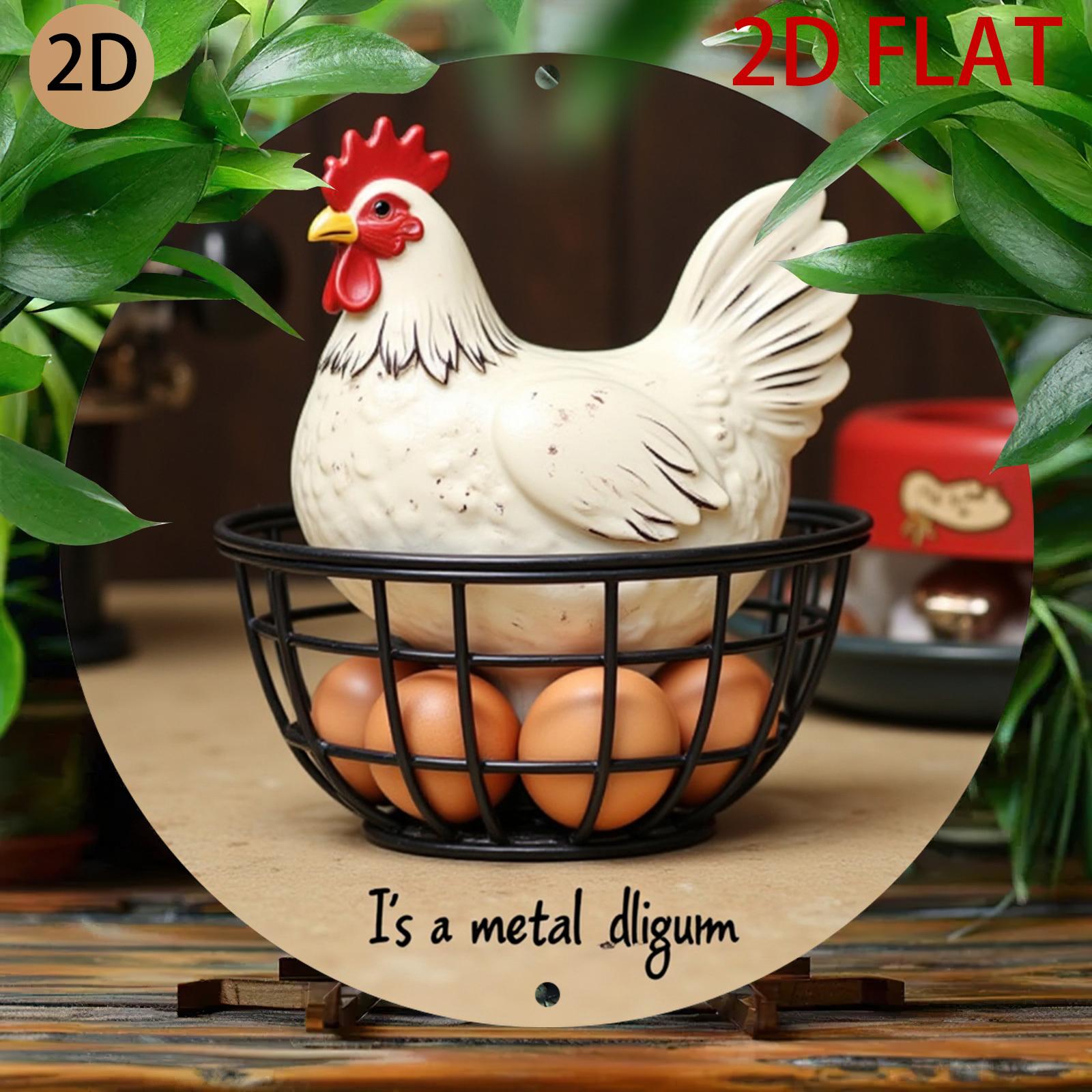 

D Flat Ceramic Chicken Figurine with Black Metal Basket VintageInspired Farmhouse Kitchen Decoration Suitable for Rustic 20x20cm(8x8inch)