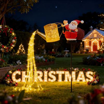 Solar Lights Outdoor Santa Watering Can Kettle Lights LED Fairy Lights Waterproof Metal Garden Lantern for Yard Patio Lawn Pathway