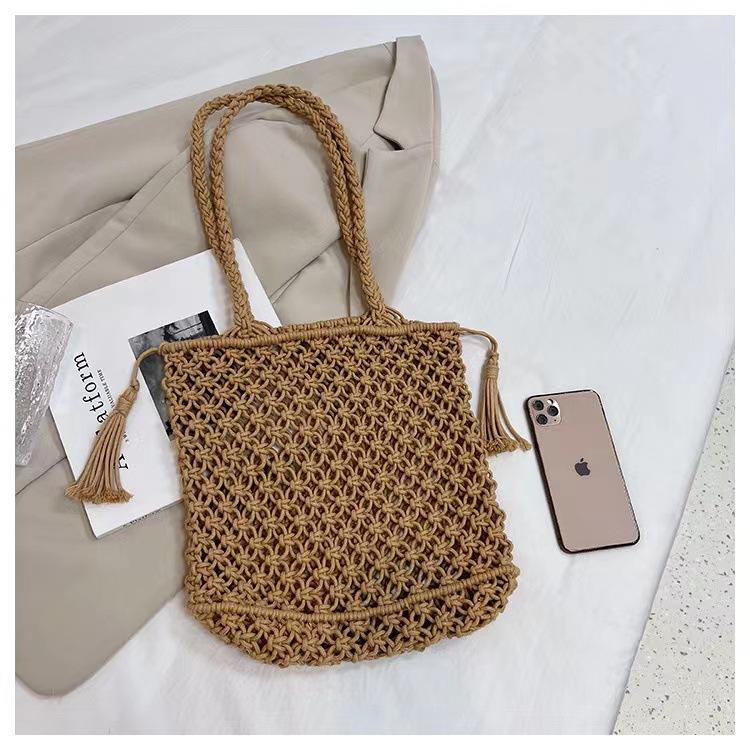 

Fashion Handmade Woven Bag Tassel Accessories Summer Woven Solid Color Shoulder Bag Large Tote Bag