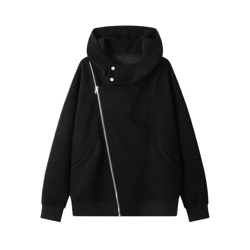Men's Heavyweight Hooded Sweatshirt with Diagonal Zipper - Short, Boxy Fit