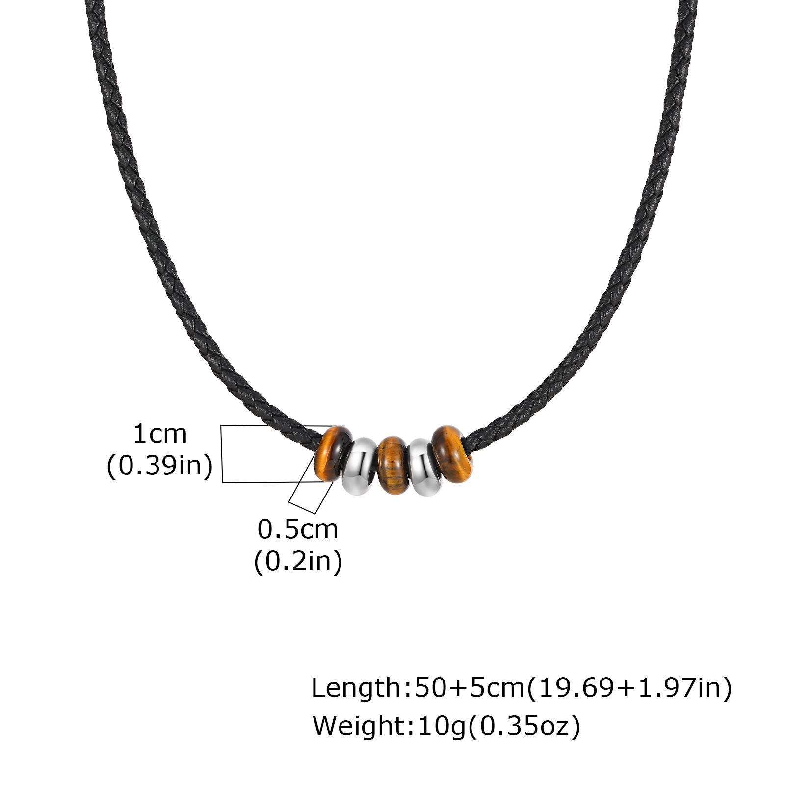

Stainless Steel Tiger Eye Beaded Necklace with Black PU Leather Cord, NC-2405.