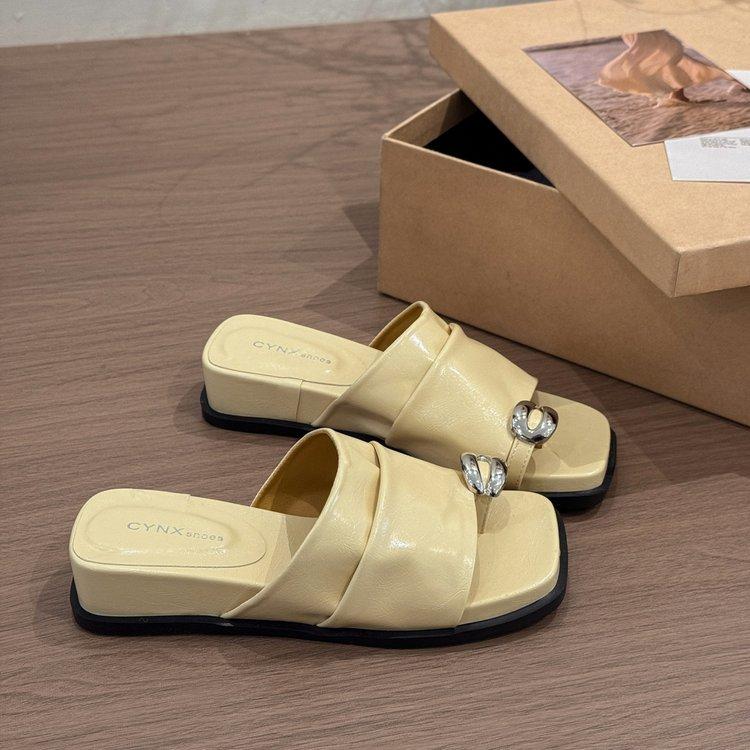 

French set of toe pleated slippers women s summer wear 2025 new high-end not tired foot slope heel temperament cool slippers 35