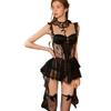 Women's Mesh Lace Ribbon Flutter Sleeve Deep V Push Up Padded Tie Lingerie Sleep Dress Set