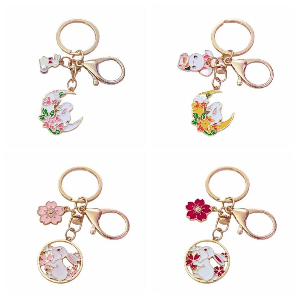 

Metal Flower Rabbit Pendant Chinese Style Flower Bunny Keyring Sakura Rabbit Keychain Car Keychain red flower
