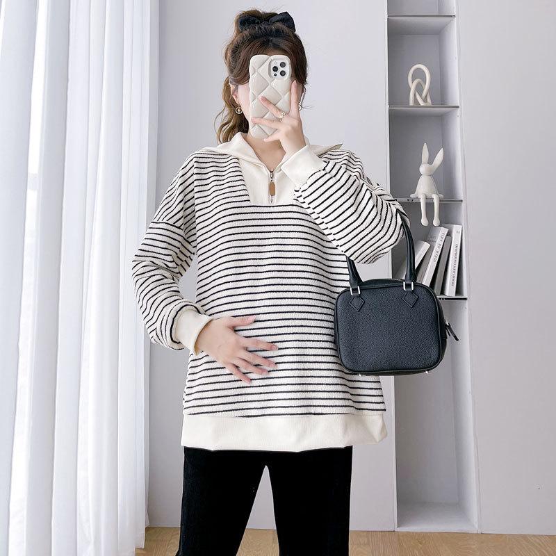 

2026 Velvet Striped Maternity Pullover Sweatshirt with Stand Collar M