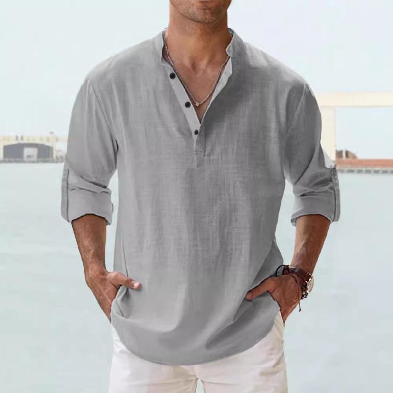 Men's Pure Cotton Stand-up Collar Long-sleeved T-shirt Loose Undershirt Solid Color Long-sleeved Cotton Shirt Men's
