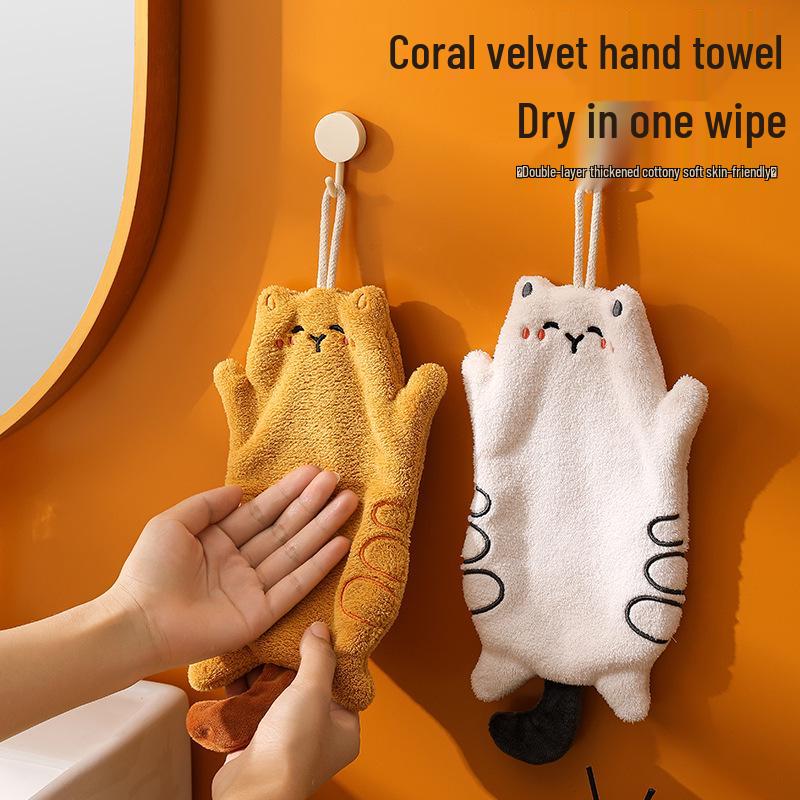Cute Kitten Coral Fleece Hand Towel: Absorbent, Quick-Drying, Dual-Use, Hanging Kitchen Towel.