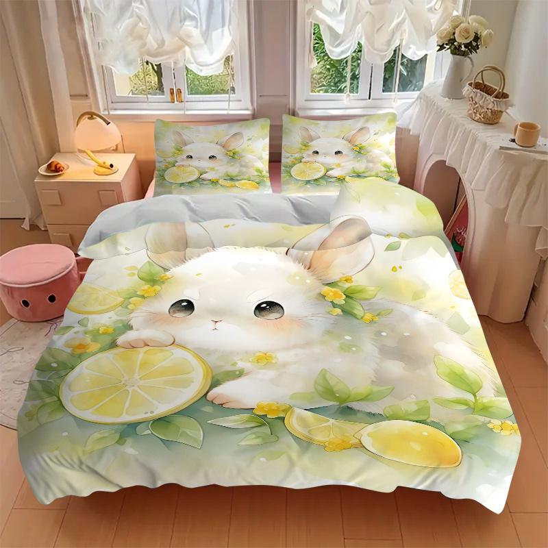 3pcs Lemons and Small Animal Bedding Set, Including 1 Quilt Cover and 2 Pillow Shams, Without Filling, Soft and Comfortable Home Bedroom Fab