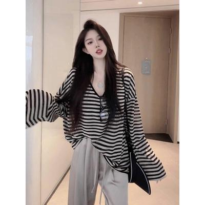 Lazy Wind Striped Long-sleeved Sunscreen T-shirt Women's New Summer Chic Wear Loose Blouse Tulle Top